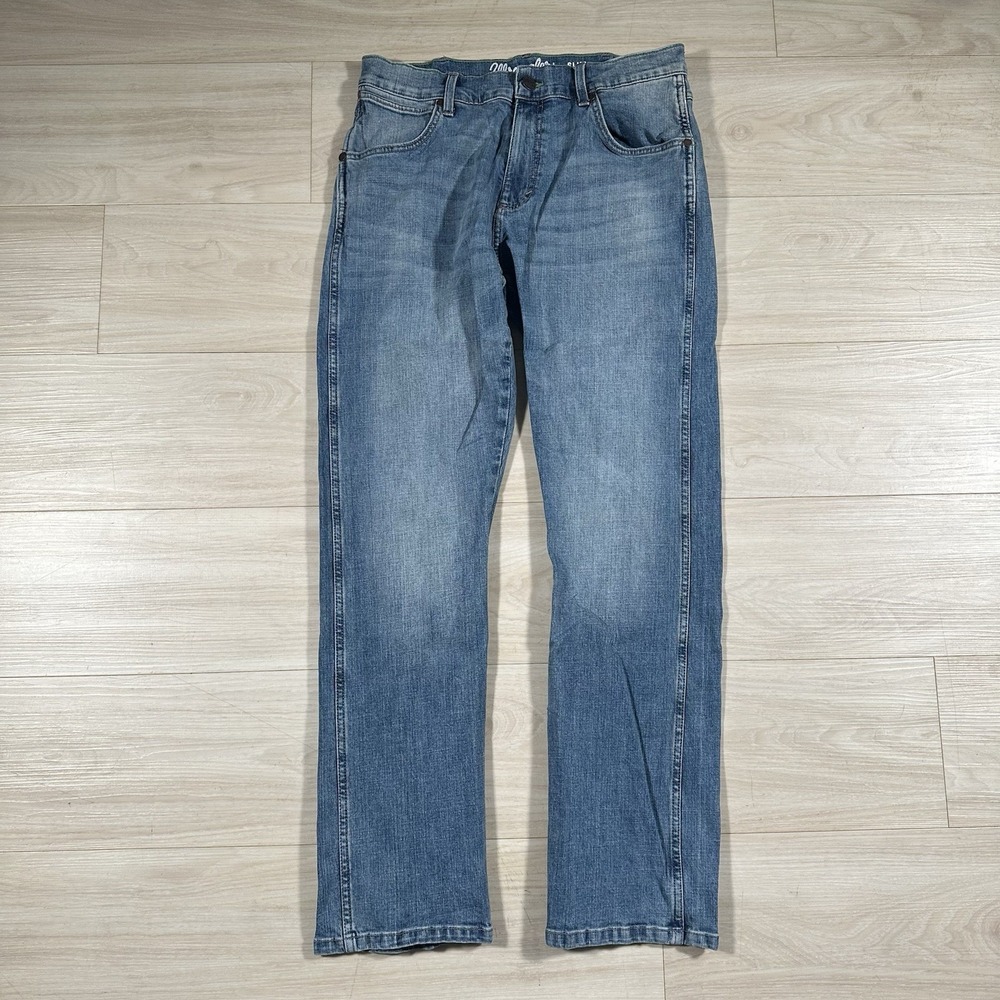 Wrangler Retro Slim Straight Jeans Mens 32x32 Blue Denim Stretch Faded 1088MWZJK